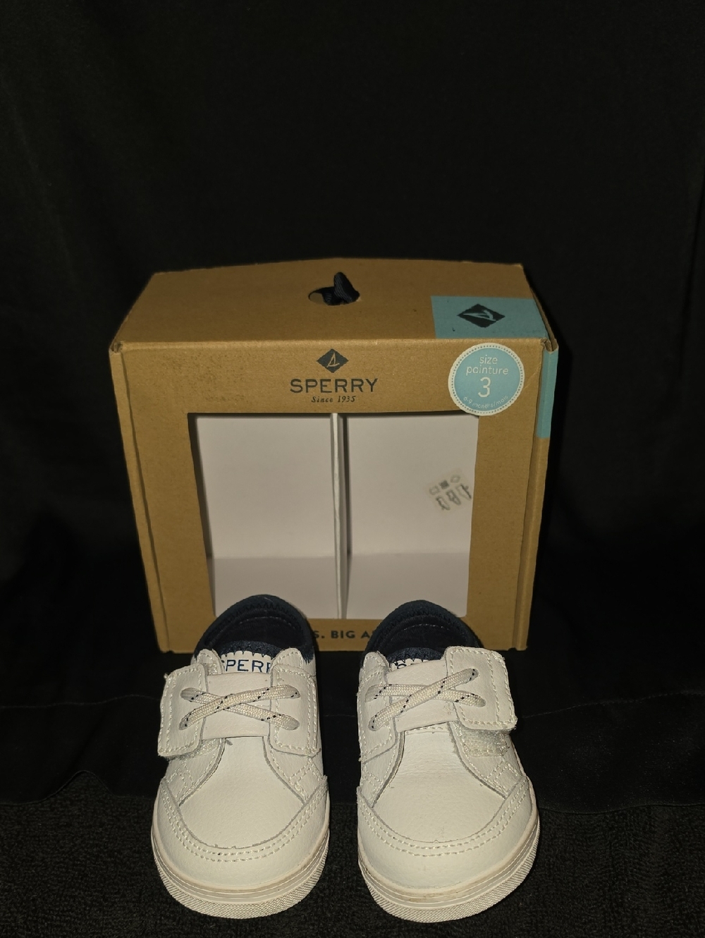 Size 3 Sperry Baby White and Navy Velcro Casual Sneakers